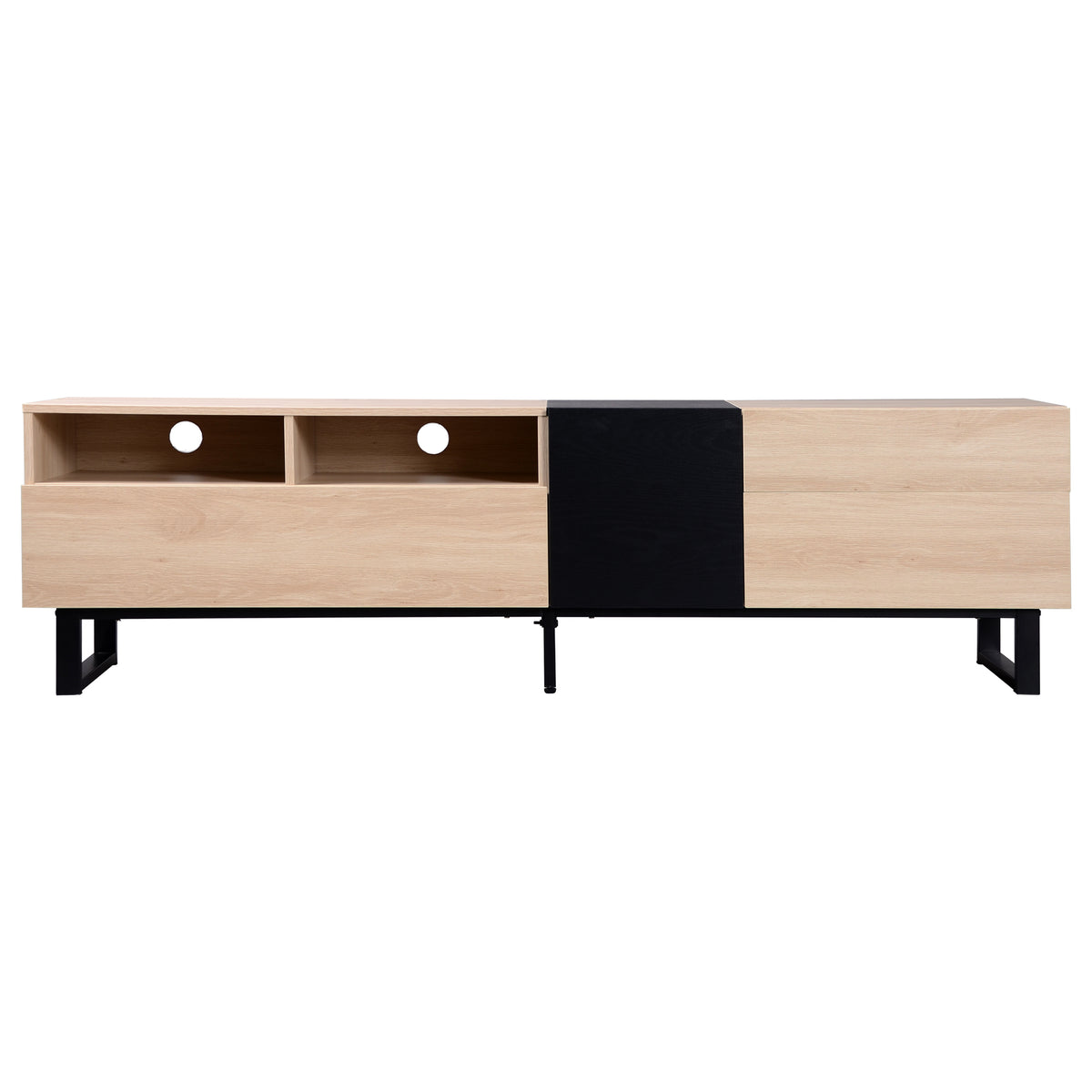 Natural wood TV console by Anthony & Home designed for 80-inch TVs, featuring a sleek modern design with ample storage space.