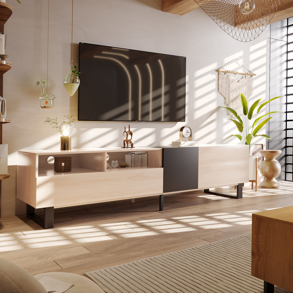 Anthony & Home Studio Natural Wood TV console with dual storage drawers and open shelving for modern living room setup.
