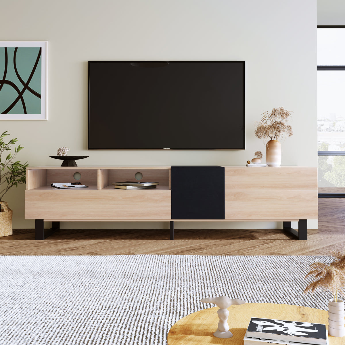 Natural wood TV console with dual storage drawers by Anthony & Home, showcasing a sleek, modern design perfect for living rooms.