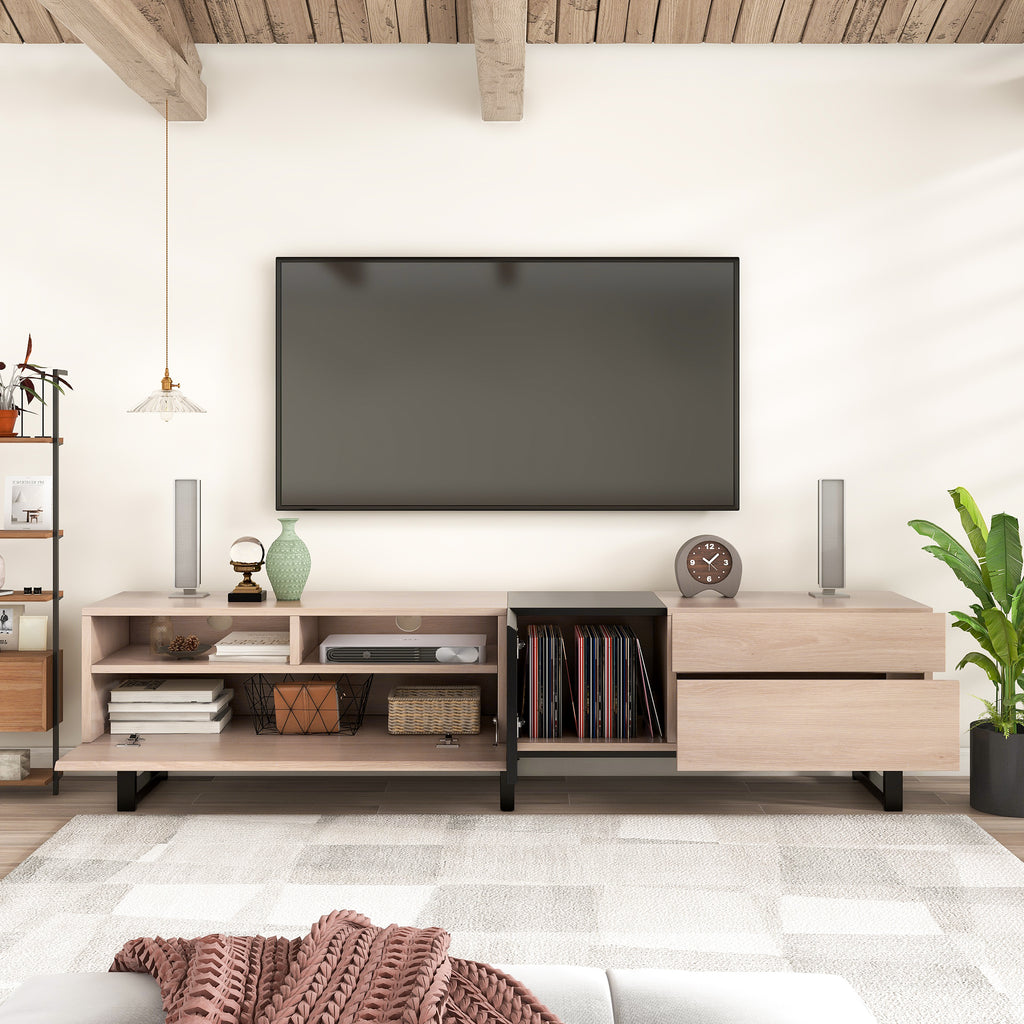 Natural wood TV console with dual storage drawers from Anthony & Home, featuring a sleek, modern design for living room entertainment.