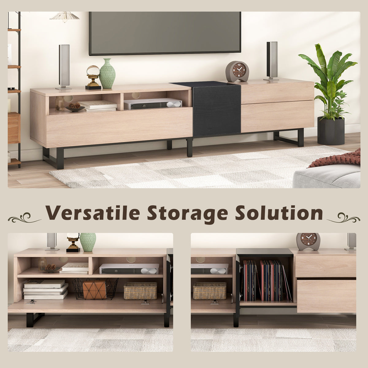 Natural wood TV console with dual storage drawers by Anthony & Home, featuring a modern, sleek design for living room entertainment.