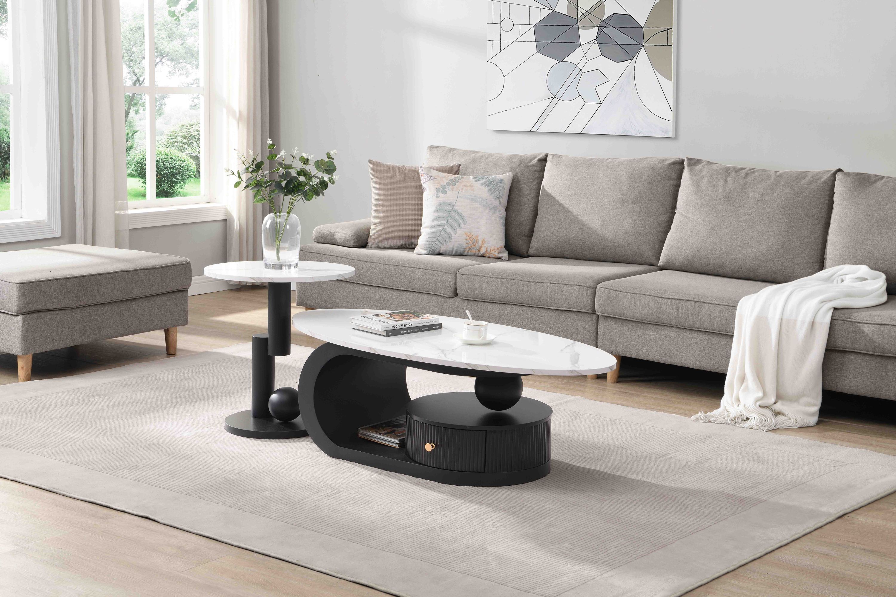 Anthony & Home oval and round nesting coffee tables set in a stylish modern living room arrangement.