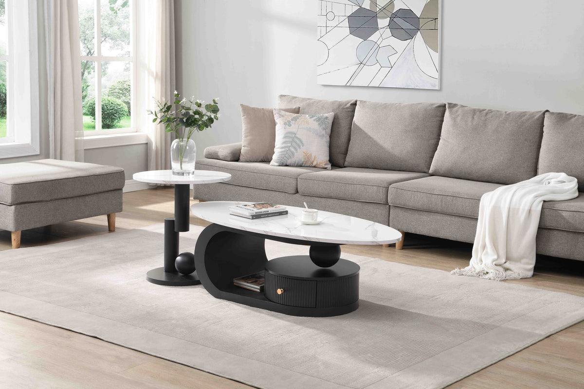 Anthony & Home oval and round nesting coffee tables set in a stylish modern living room arrangement.