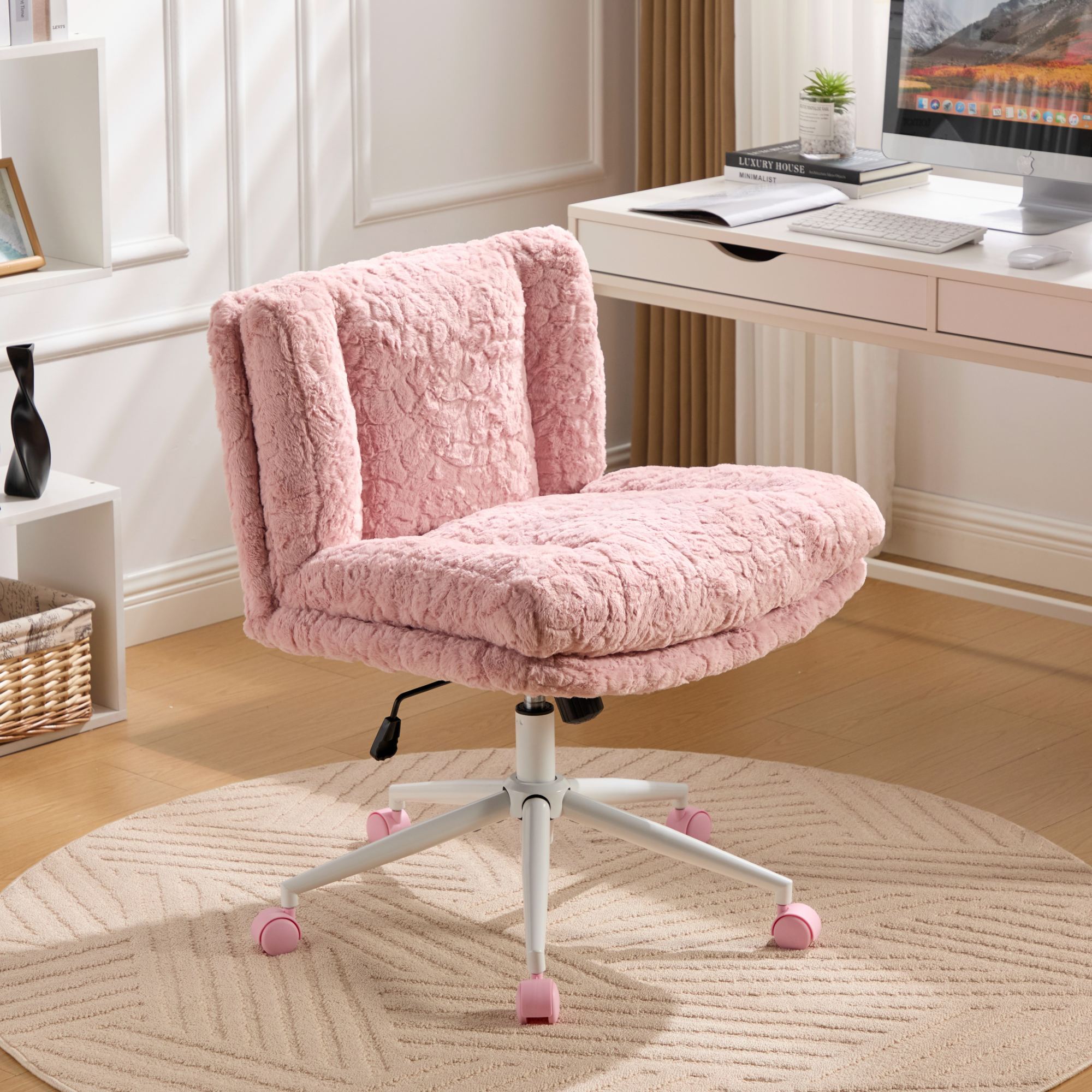 Anthony & Home Studio Pink Faux Rabbit Hair Office Chair with wide 26.4-inch seat and metal base, stylish and comfortable for modern offices.