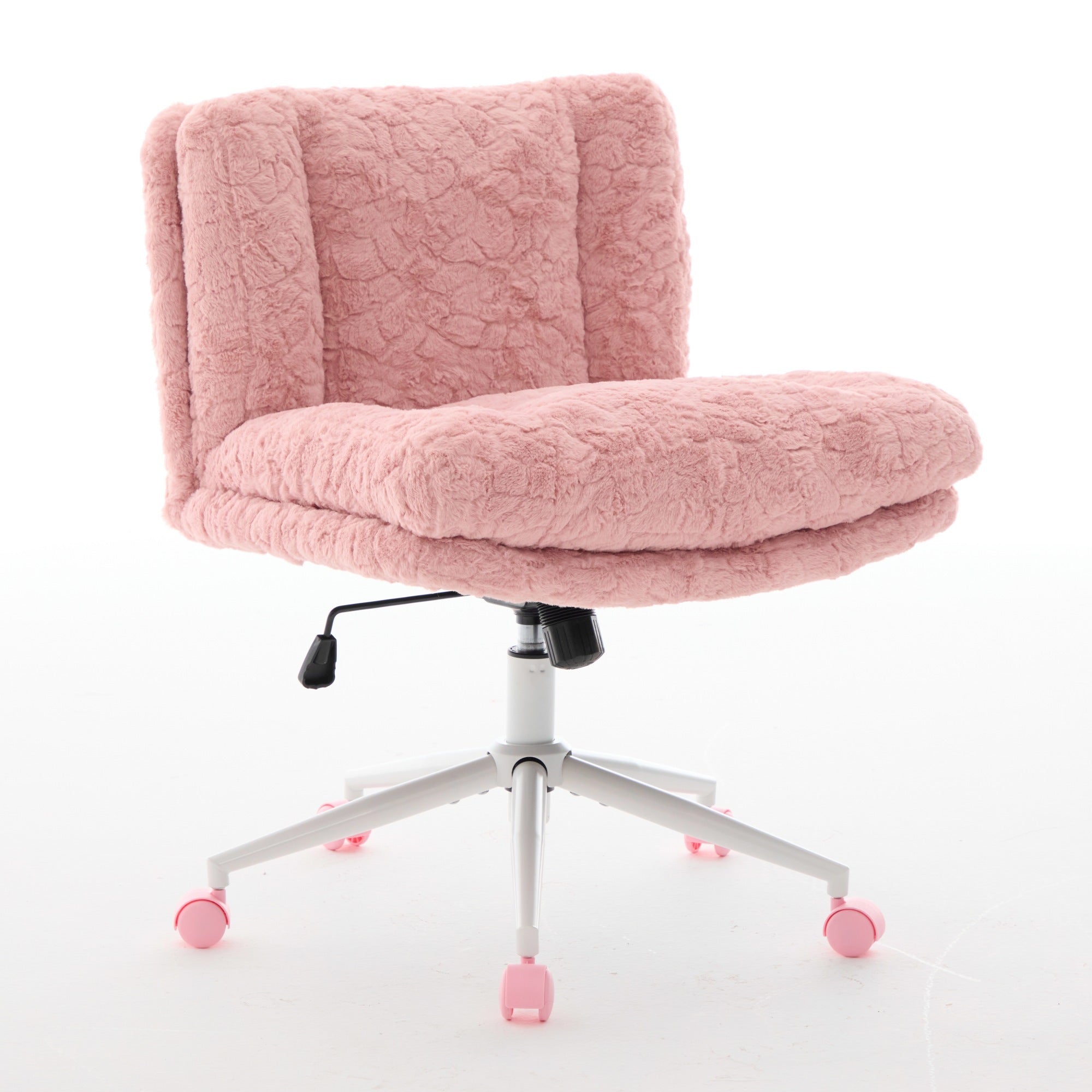 Anthony & Home pink faux rabbit hair office chair with wide 26.4-inch seat and metal base, stylish and comfortable for office decor.