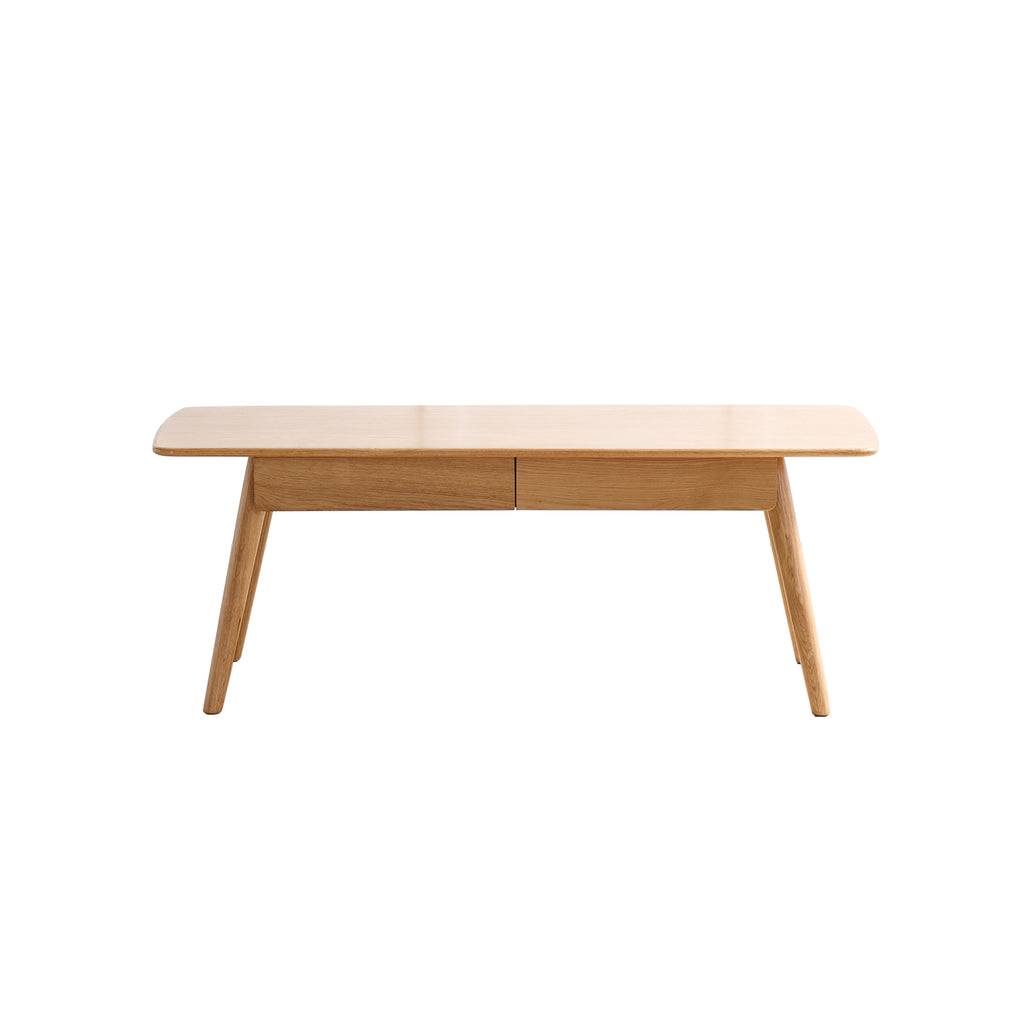 Studio solid oak center table with storage drawers by Anthony & Home, featuring a sleek wooden surface and functional drawer storage.