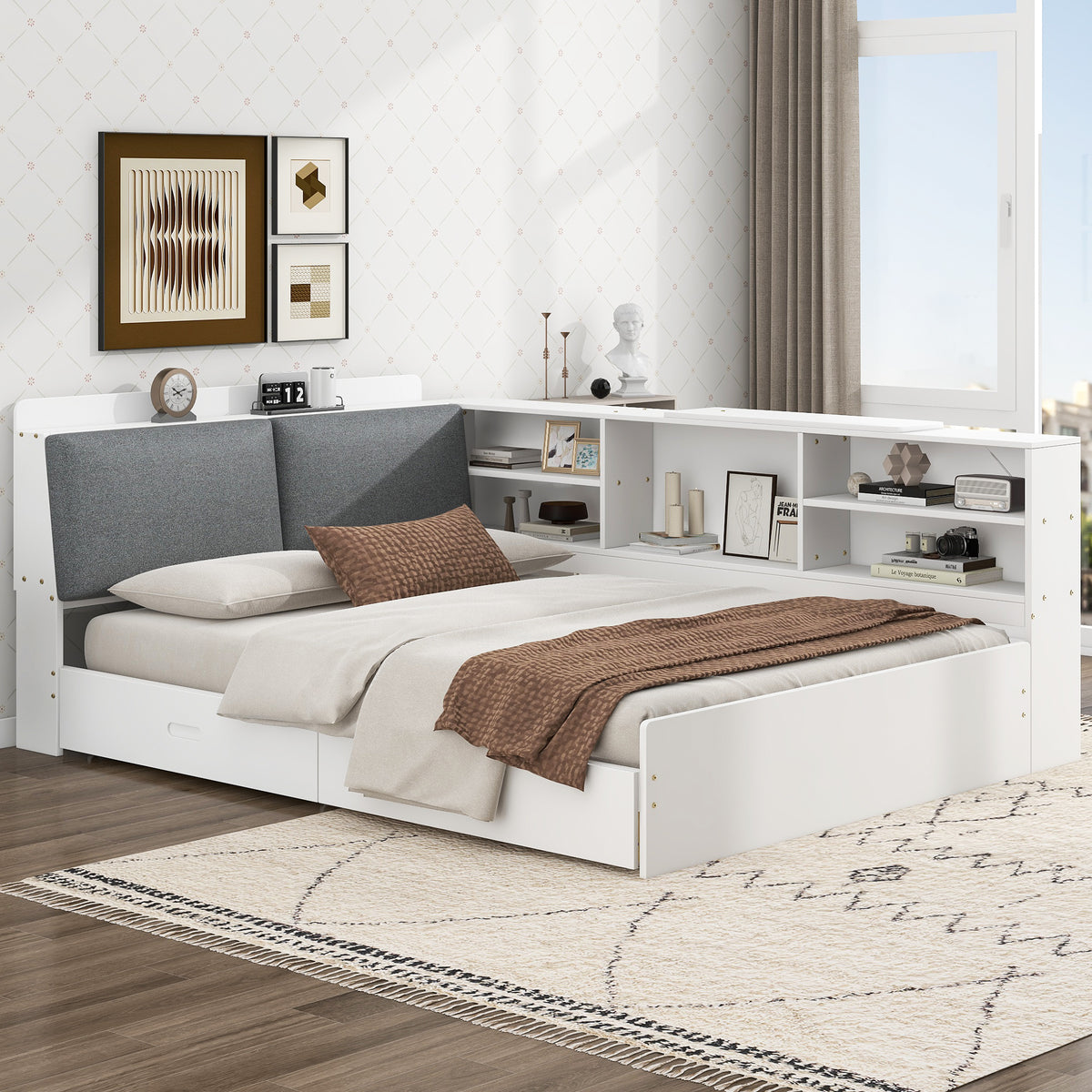 Anthony & Home studio solid wood platform bed with built-in storage headboard, showcasing a sleek, modern design with clean lines.