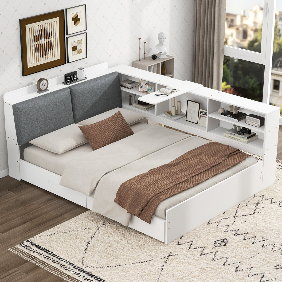 Anthony & Home studio solid wood platform bed with storage headboard, showcasing a sleek, modern bedroom furniture piece.