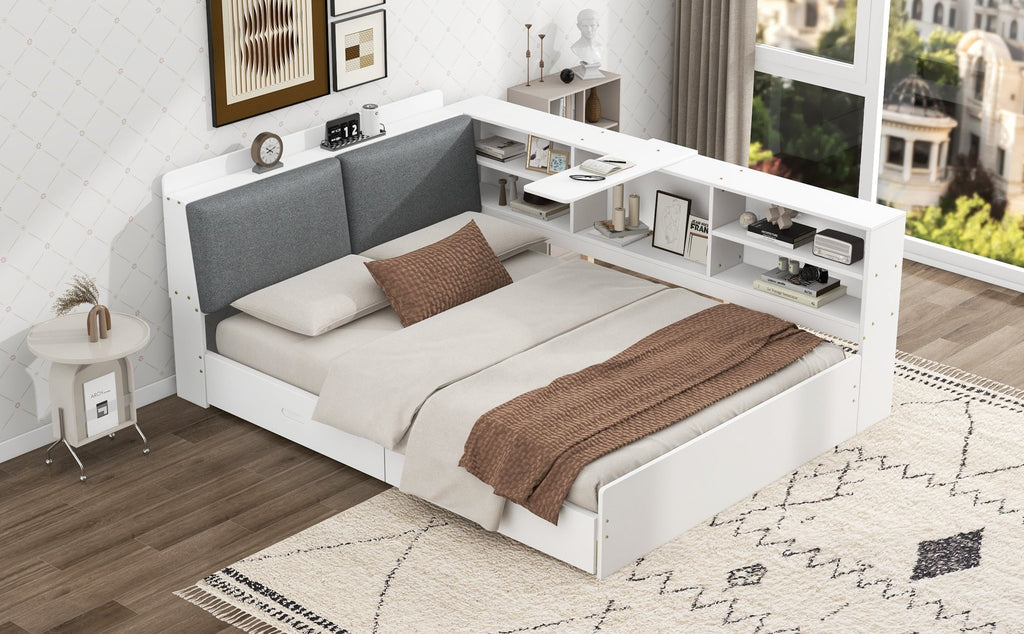 Anthony & Home studio solid wood platform bed with integrated storage headboard and natural wood finish.