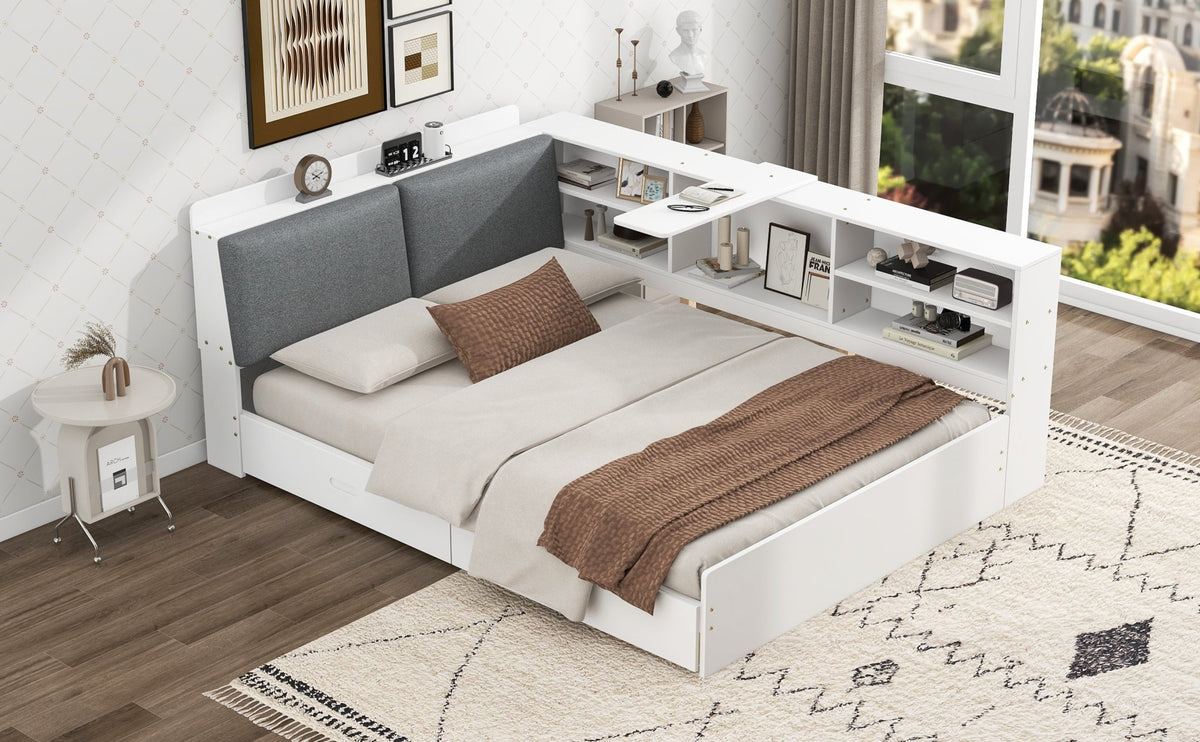 Anthony & Home studio solid wood platform bed with integrated storage headboard and natural wood finish.