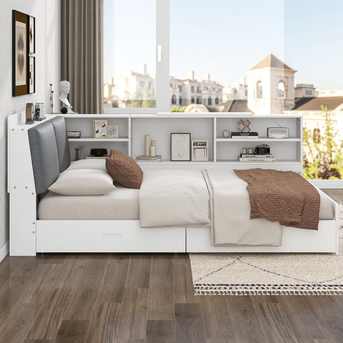 Anthony & Home solid wood platform bed with integrated storage headboard, showcasing a sleek, modern design in a cozy bedroom setting.