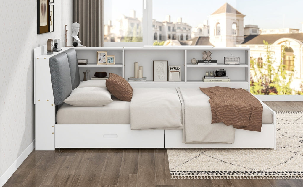 Anthony & Home studio solid wood platform bed with integrated storage headboard, showcasing a sturdy, stylish bedroom furniture piece.