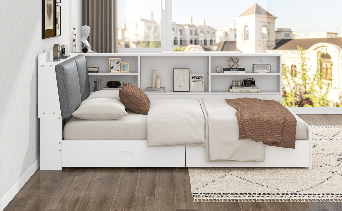 Anthony & Home studio solid wood platform bed with integrated storage headboard, showcasing a sturdy, stylish bedroom furniture piece.