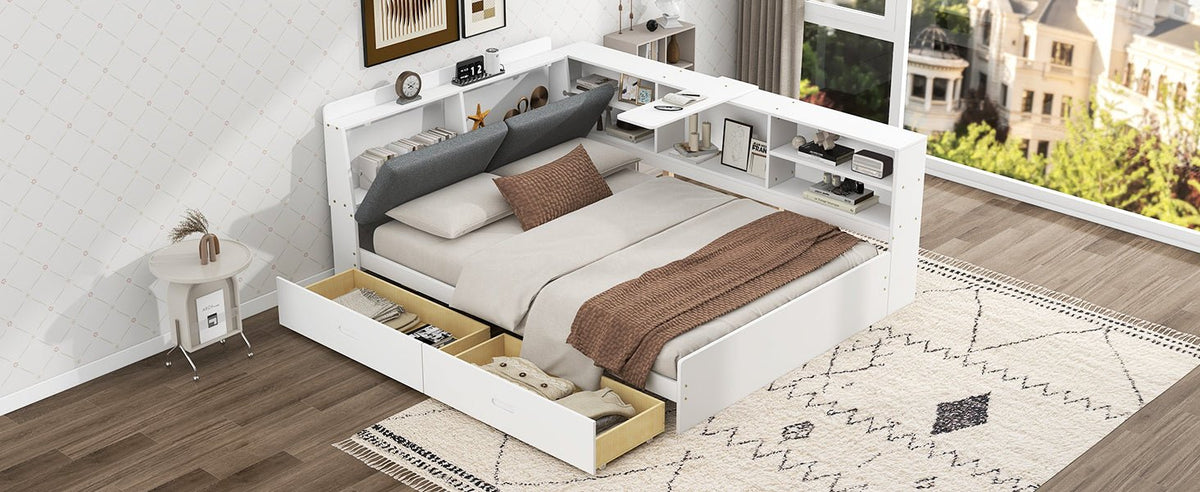 Anthony & Home studio solid wood platform bed with integrated storage headboard, showcasing a sturdy wooden design and modern style.