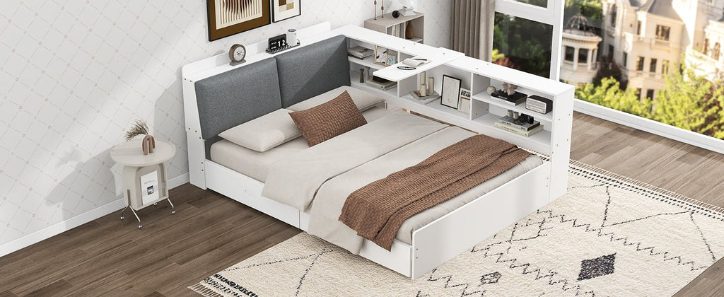Anthony & Home studio solid wood platform bed with storage headboard, showcasing a sleek, modern bedroom furniture piece.