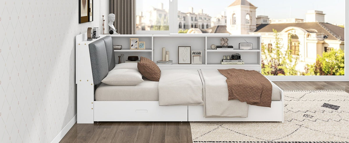 Anthony & Home studio solid wood platform bed with built-in storage headboard, showcasing a modern bedroom furniture design.