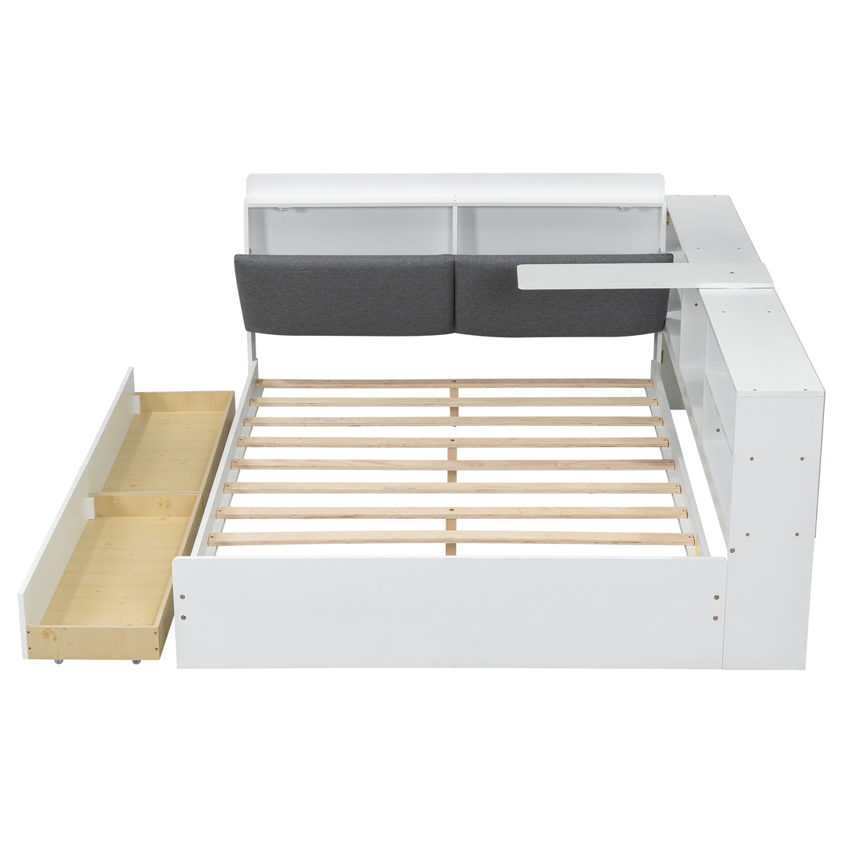 Anthony & Home studio solid wood platform bed with integrated storage headboard, showcasing a sturdy wood frame and modern design.