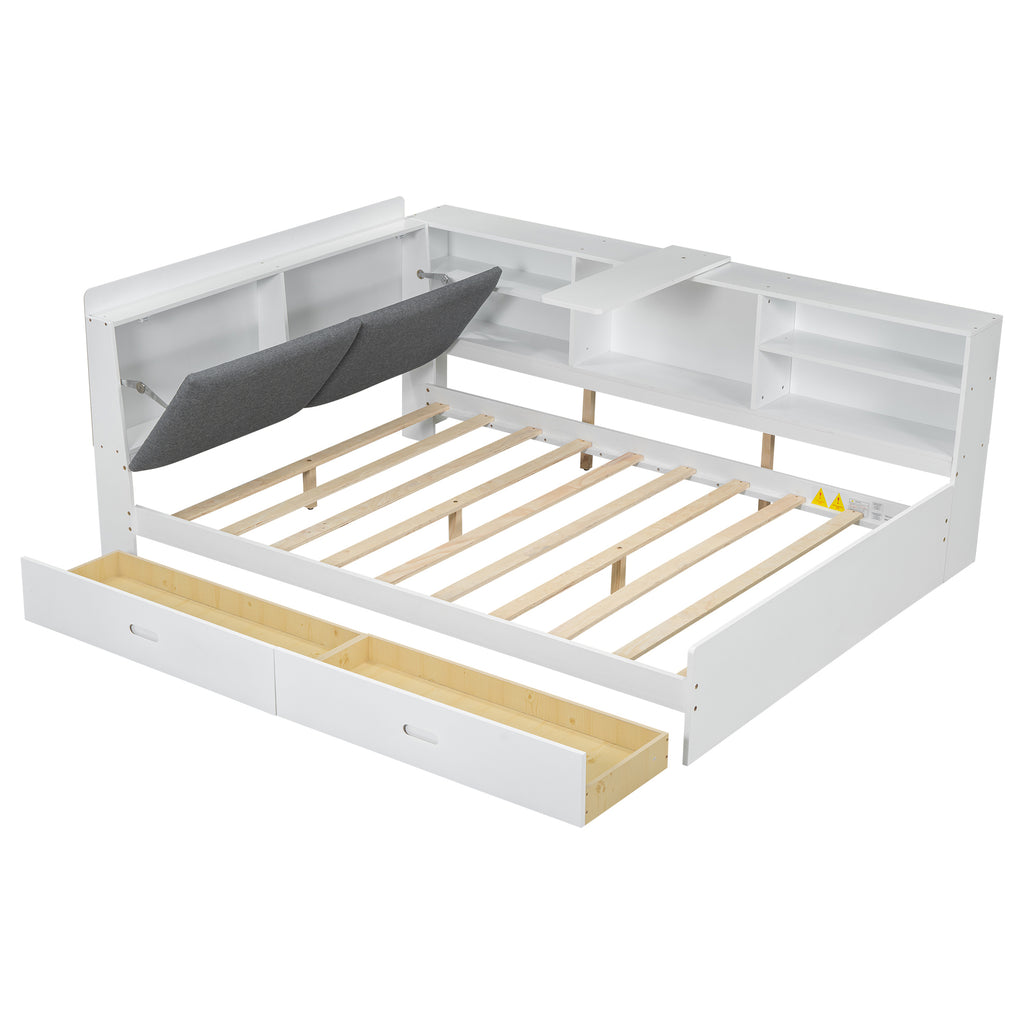 Solid wood platform bed with storage headboard by Anthony & Home, featuring a sleek design and built-in storage compartments.