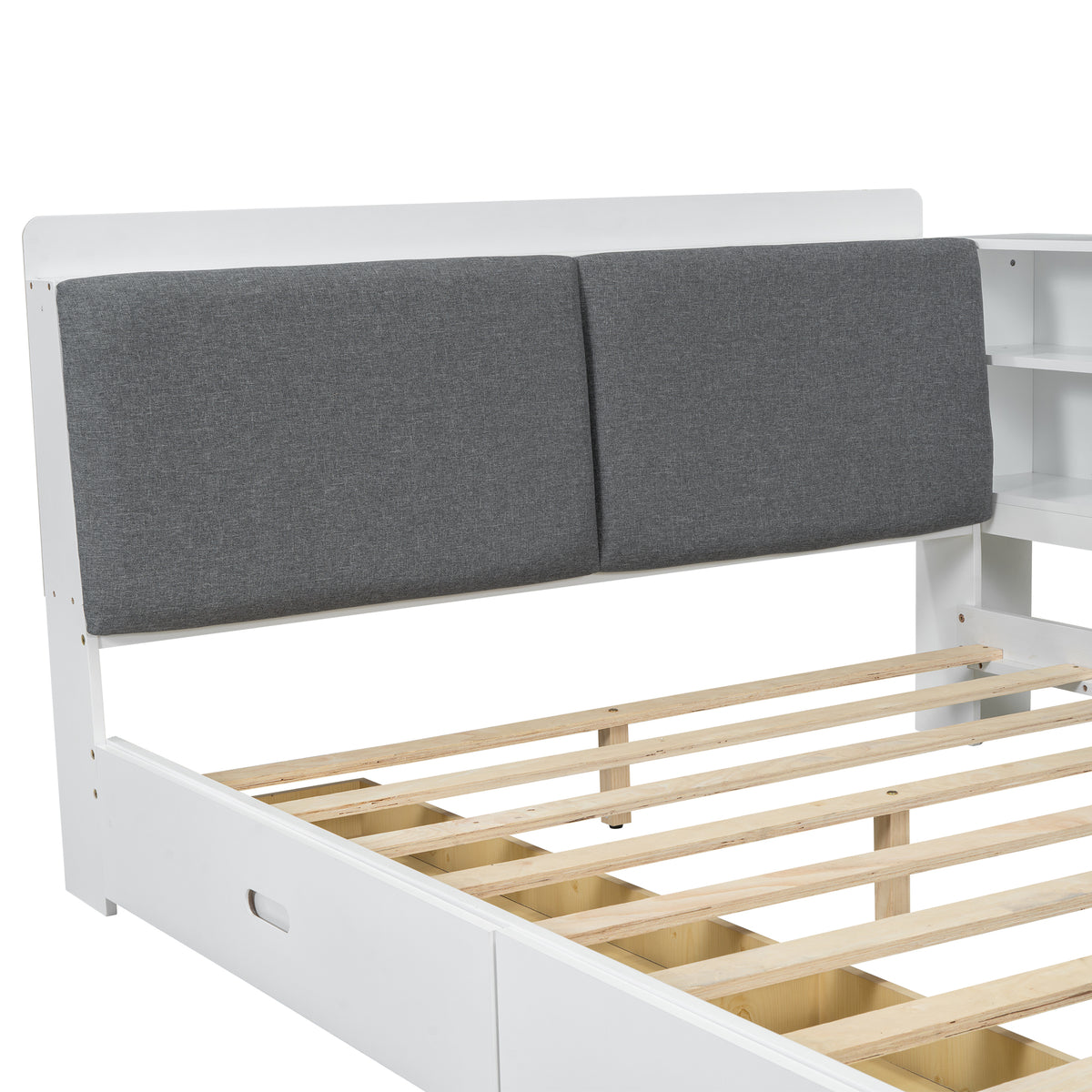 Anthony & Home Studio solid wood platform bed with storage headboard, shown with a sleek wooden frame and built-in storage compartments.