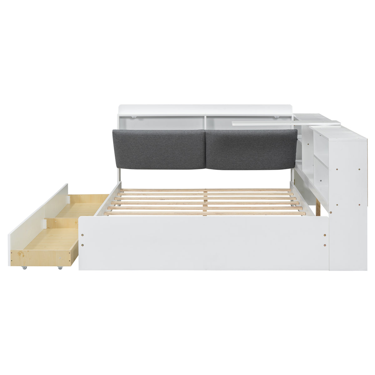 Studio solid wood platform bed with storage headboard by Anthony & Home, showcasing the natural wood finish and built-in storage compartments.