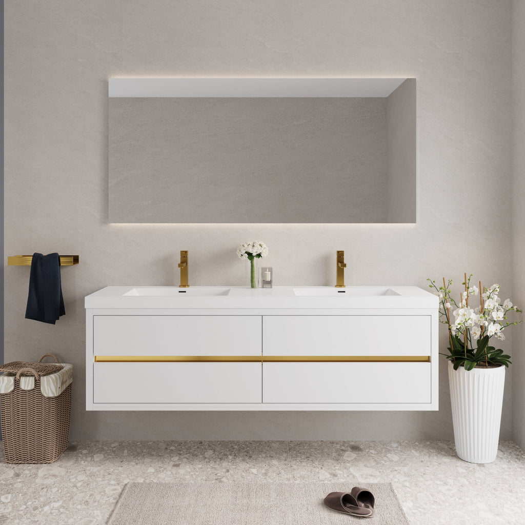 Studio stone resin wall-mounted vanity with double sinks by Anthony & Home, featuring a sleek modern design and ample counter space.
