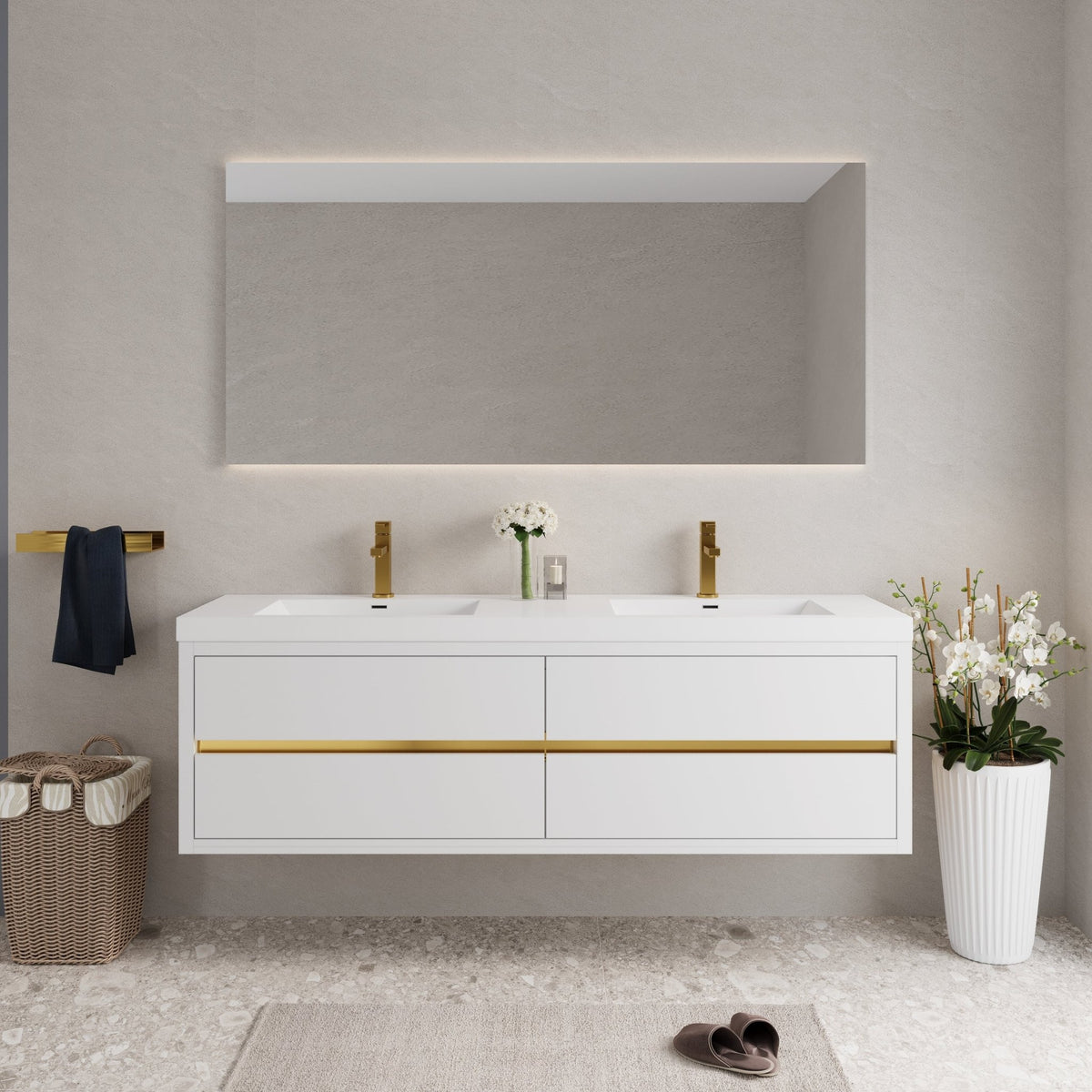 Studio stone resin wall-mounted vanity with double sinks by Anthony & Home, featuring a sleek modern design and ample counter space.