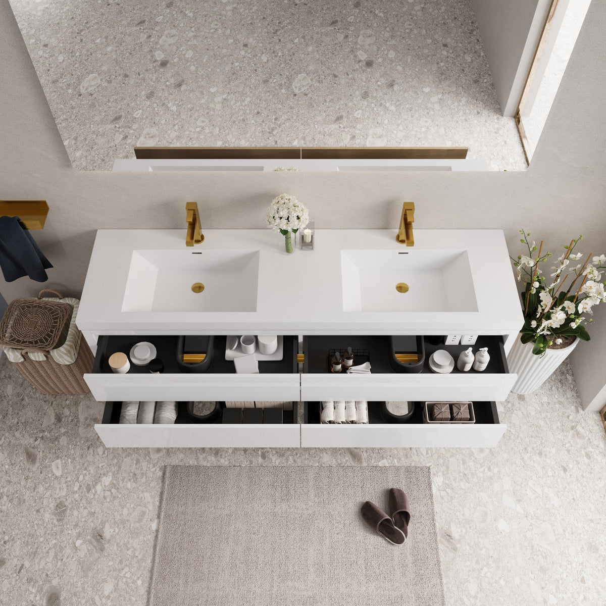 Studio Stone resin wall-mounted vanity with double sinks, sleek design, and modern fixtures from Anthony & Home.