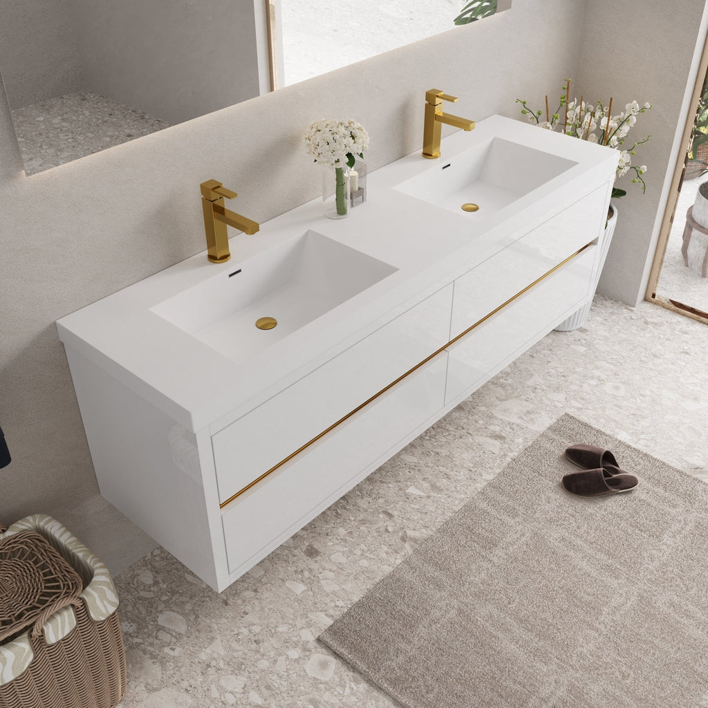 Studio Stone resin wall-mounted vanity with double sinks and sleek design, featuring modern Anthony & Home bathroom fixtures.