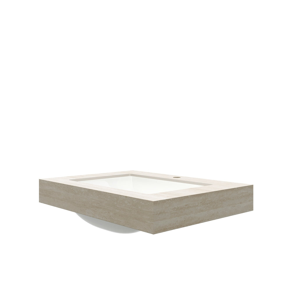 Anthony & Home travertine-pattern sintered stone countertop with 30-inch ceramic undermount basin, showcasing textured surface and elegant design.