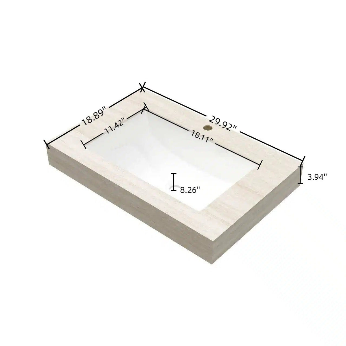 Anthony & Home 30-inch travertine-pattern sintered stone countertop with undermount ceramic basin, modern bathroom vanity.