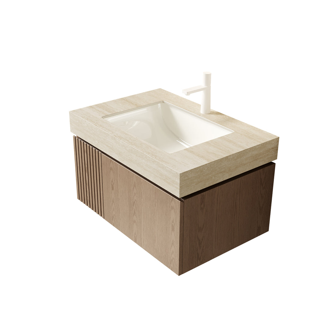 Anthony & Home 30-inch travertine-pattern sintered stone countertop with undermount ceramic basin, modern kitchen design.