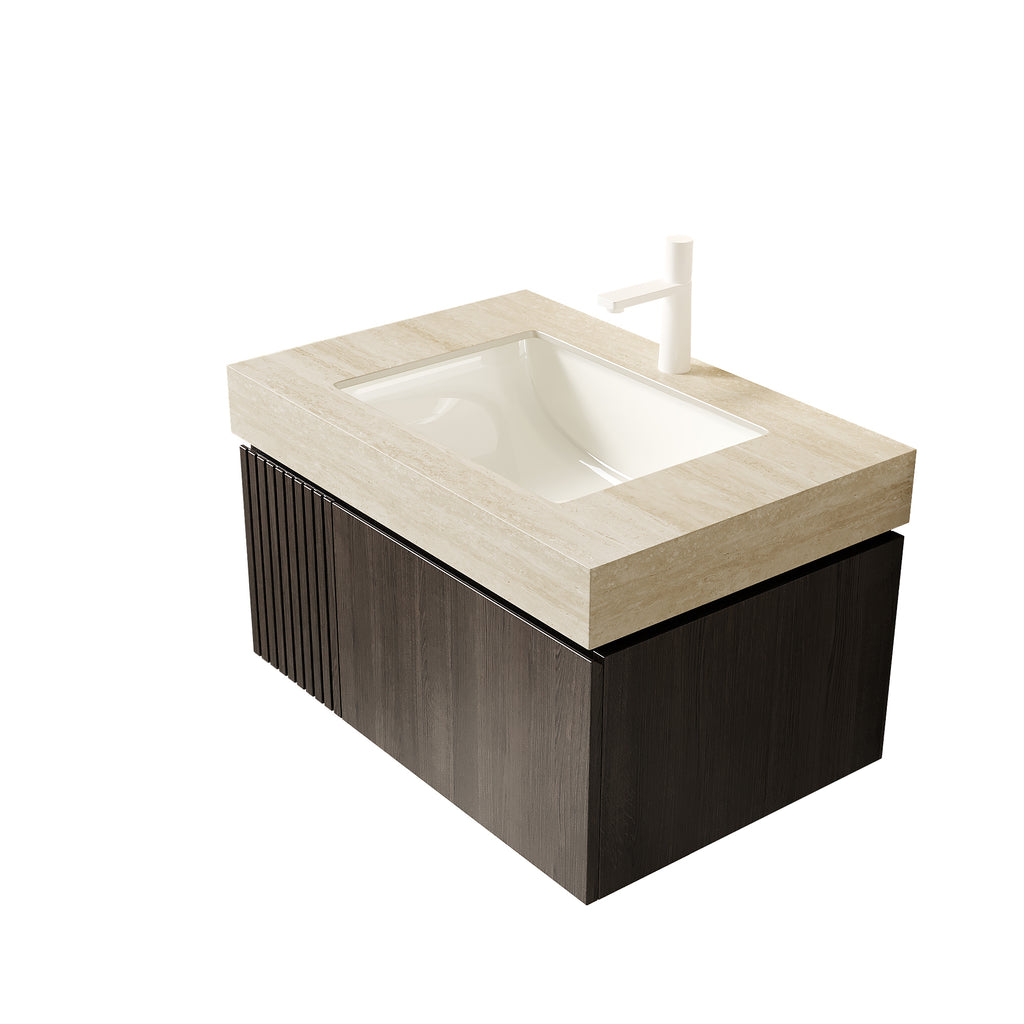 Anthony & Home travertine-pattern sintered stone 30-inch countertop with undermount ceramic basin, showcasing elegant surface detail.