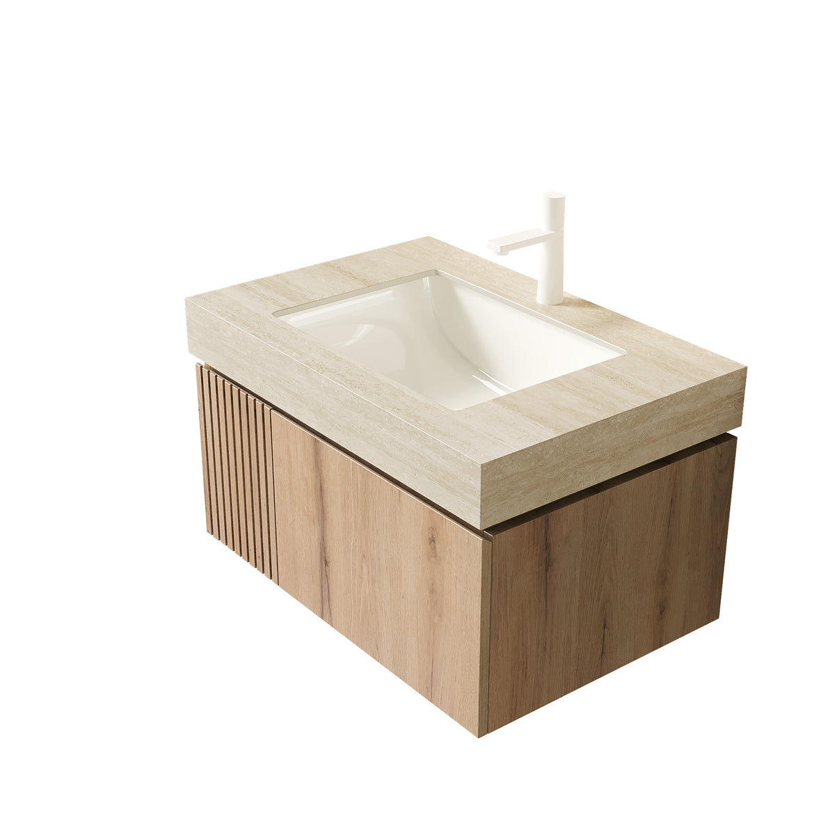 Anthony & Home travertine-pattern sintered stone countertop with undermount ceramic basin, 30-inch length, modern kitchen feature