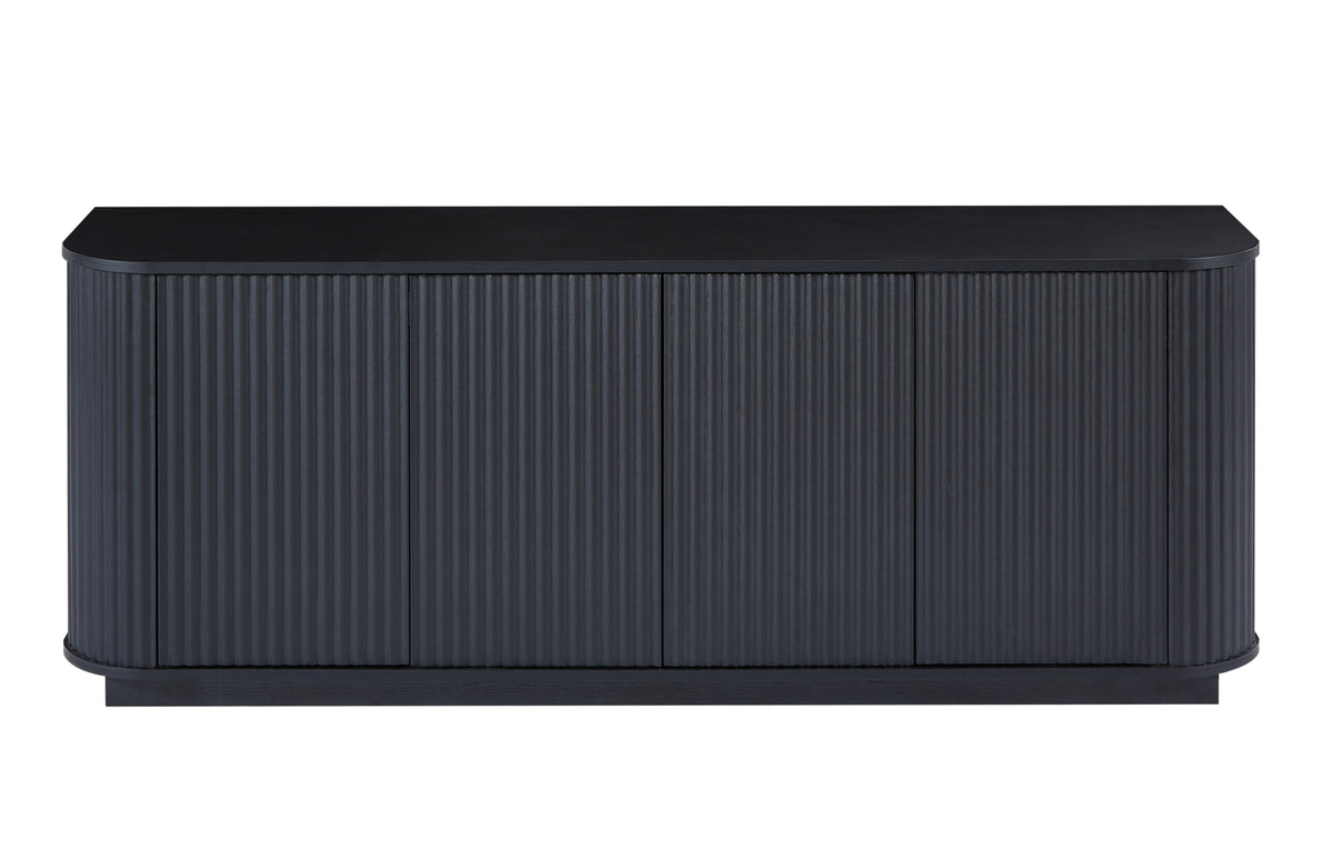 Black wood sideboard TV stand with a stylish studio wave pattern, designed by Anthony & Home for modern living spaces.