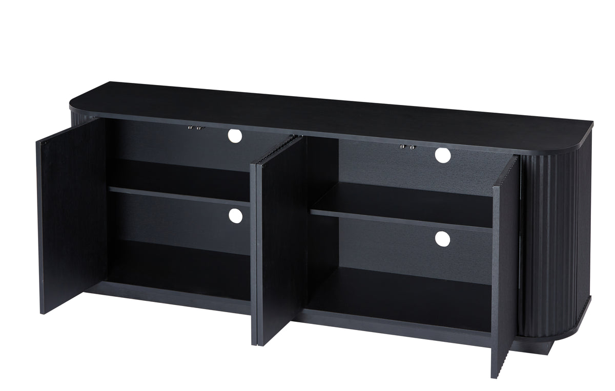 Black wood sideboard with a studio wave pattern, Anthony & Home TV stand featuring a sleek, modern design against a neutral background.
