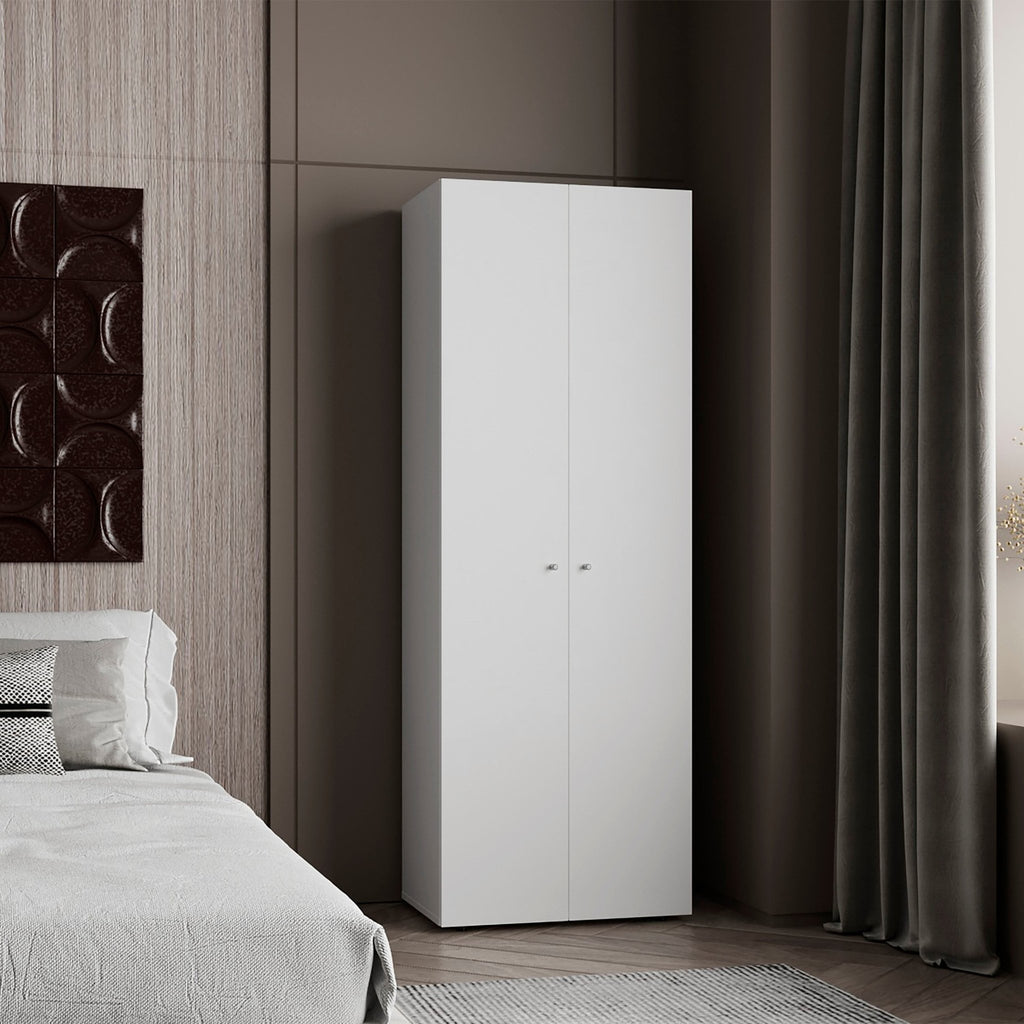 Studio White engineered wood closet system with four adjustable shelves by Anthony & Home, ideal for organized storage.