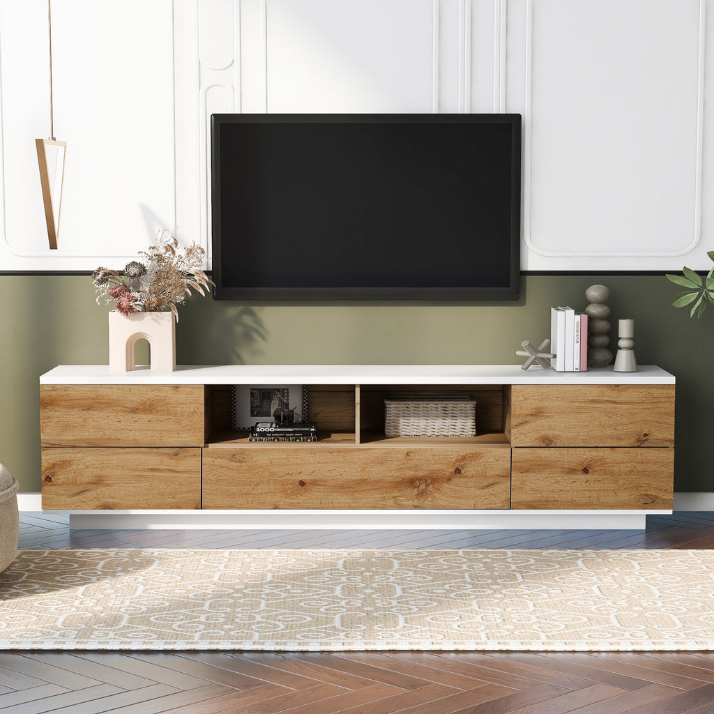 Studio White natural TV stand with metal hardware from Anthony & Home, featuring a sleek modern design and sturdy construction.