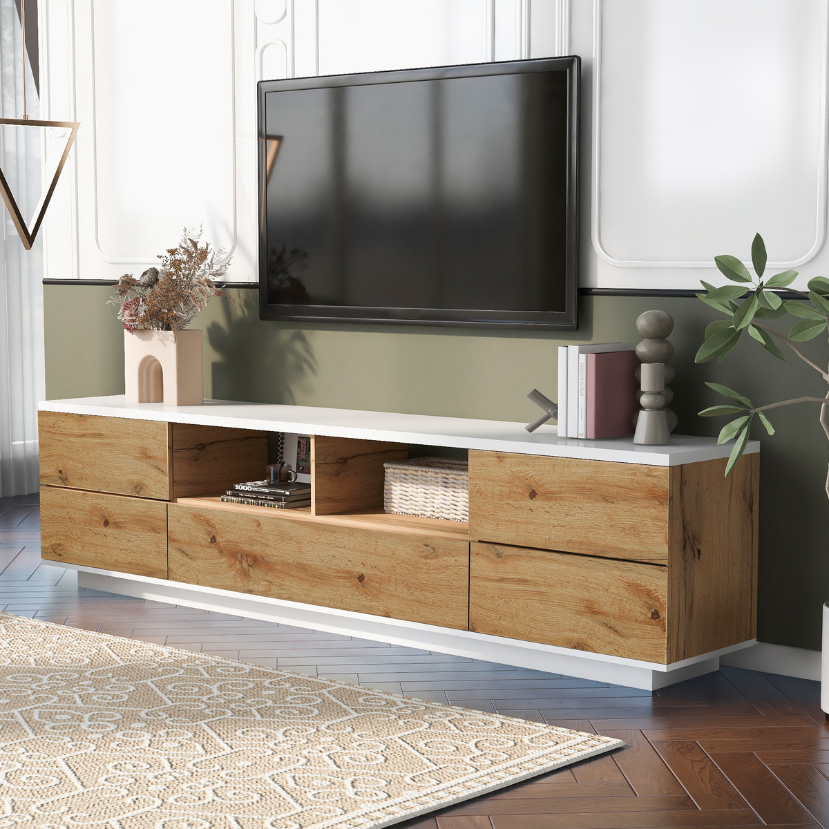 Studio White natural TV stand with metal hardware from Anthony & Home, featuring a sleek design and modern storage options.