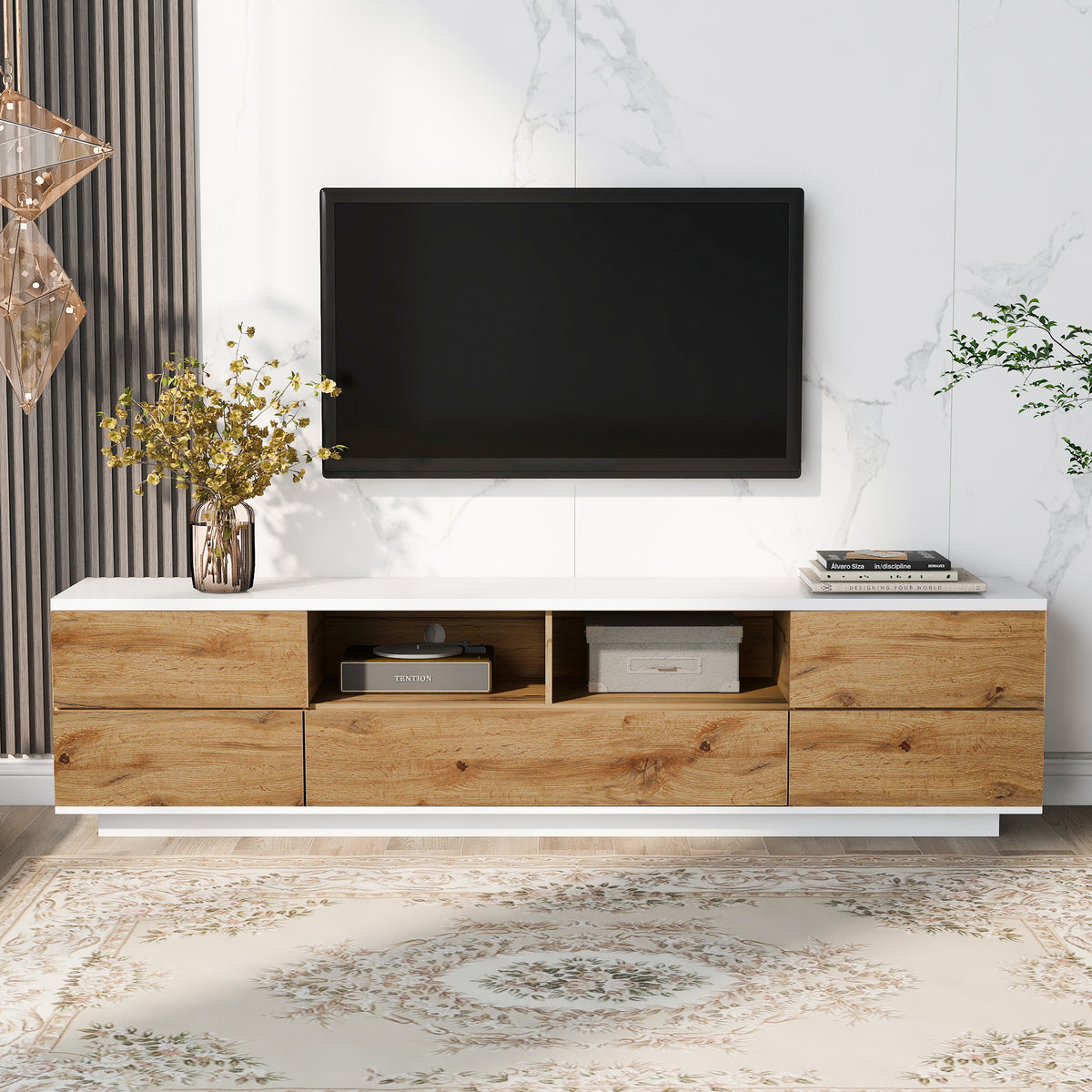 Studio White natural TV stand with metal hardware from Anthony & Home, featuring sleek design and sturdy construction.