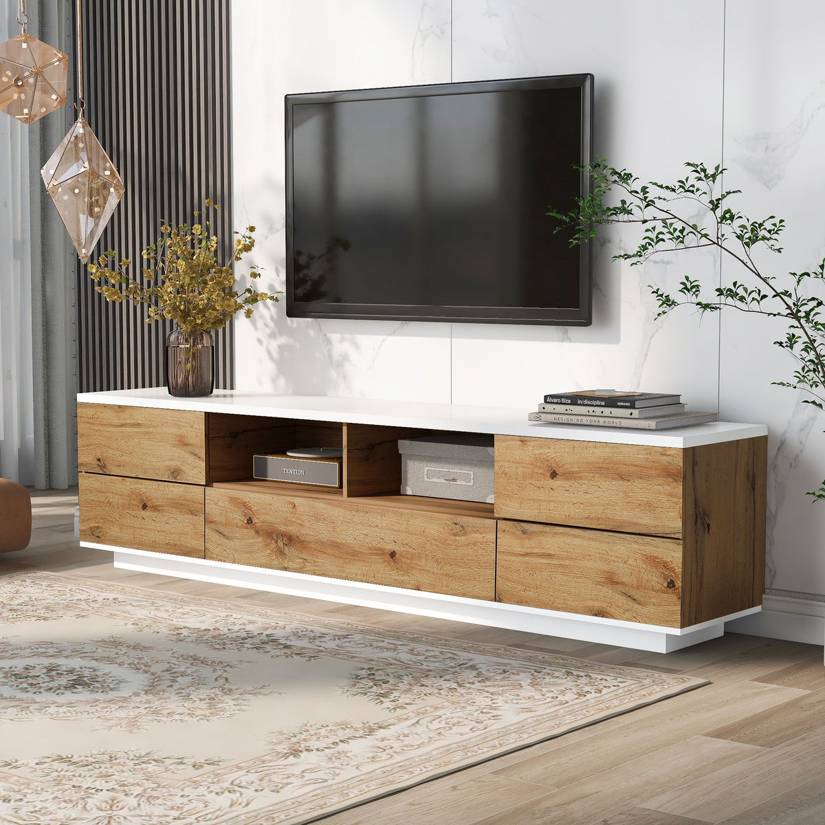 Studio White natural TV stand with metal hardware by Anthony & Home, featuring a sleek modern design and sturdy construction.