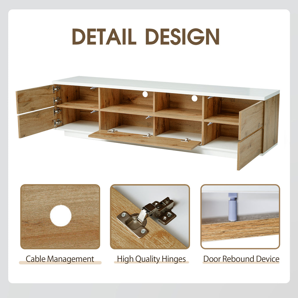 Studio White natural TV stand with metal hardware from Anthony & Home, featuring a sleek design and modern storage compartments.