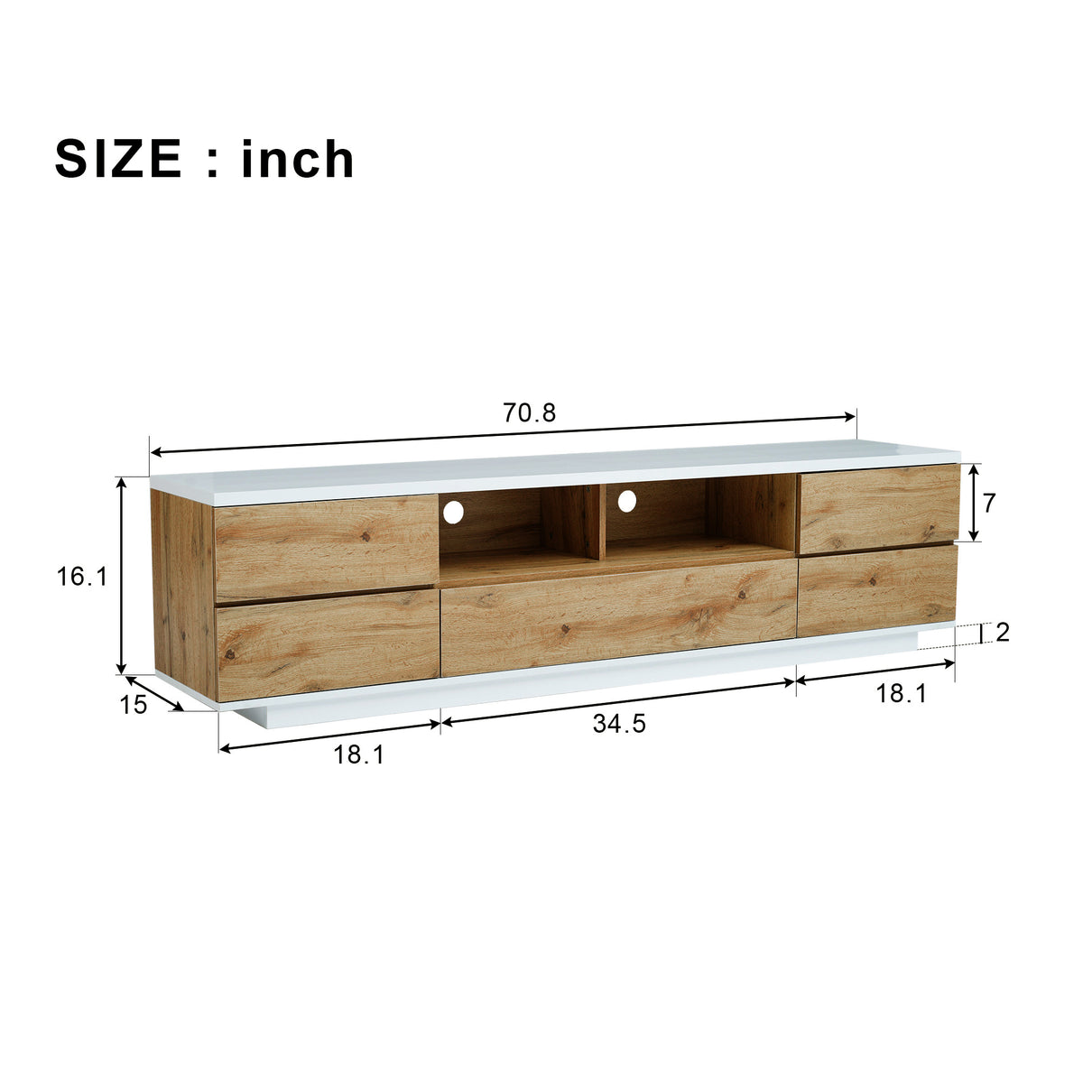 Studio White Natural TV stand with metal hardware by Anthony & Home, showcasing sleek design and sturdy construction.