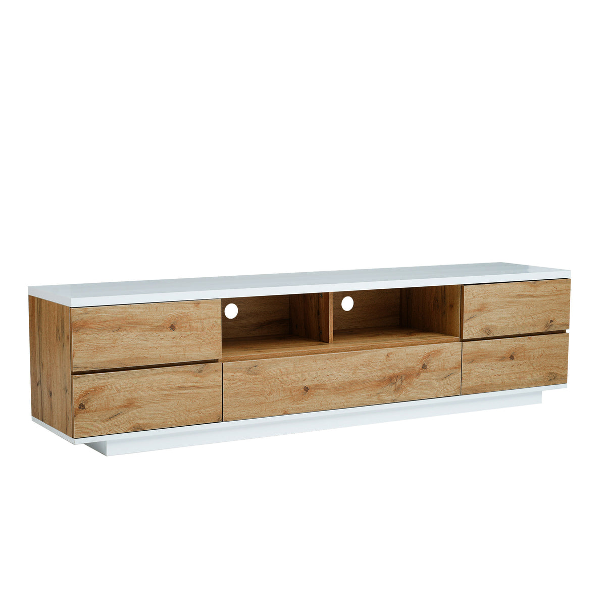 Studio White natural TV stand with metal hardware from Anthony & Home, featuring a sleek modern design and ample storage space.