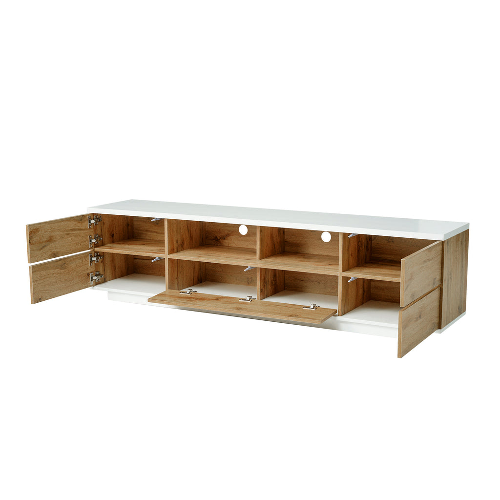 Studio White natural TV stand with metal hardware by Anthony & Home, featuring sleek design and modern storage options.