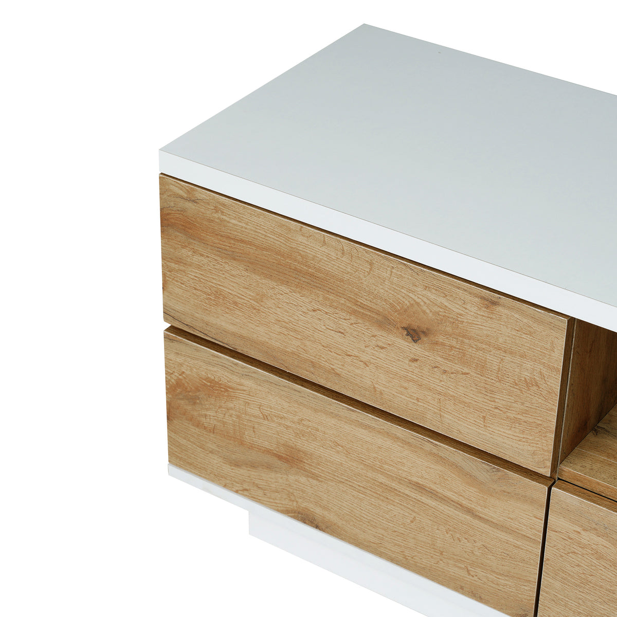 Studio white natural TV stand with metal hardware from Anthony & Home, featuring sleek design and modern storage options.