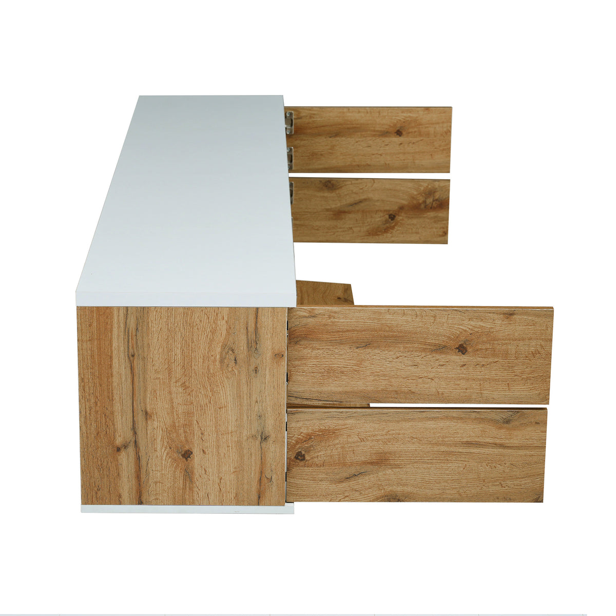 Anthony & Home Studio White Natural TV stand with metal hardware, featuring sleek design and ample storage space.