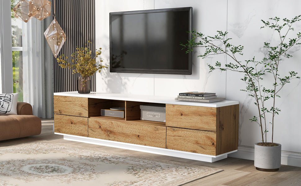 Studio White natural TV stand with metal hardware from Anthony & Home, featuring a sleek modern design and ample storage space.