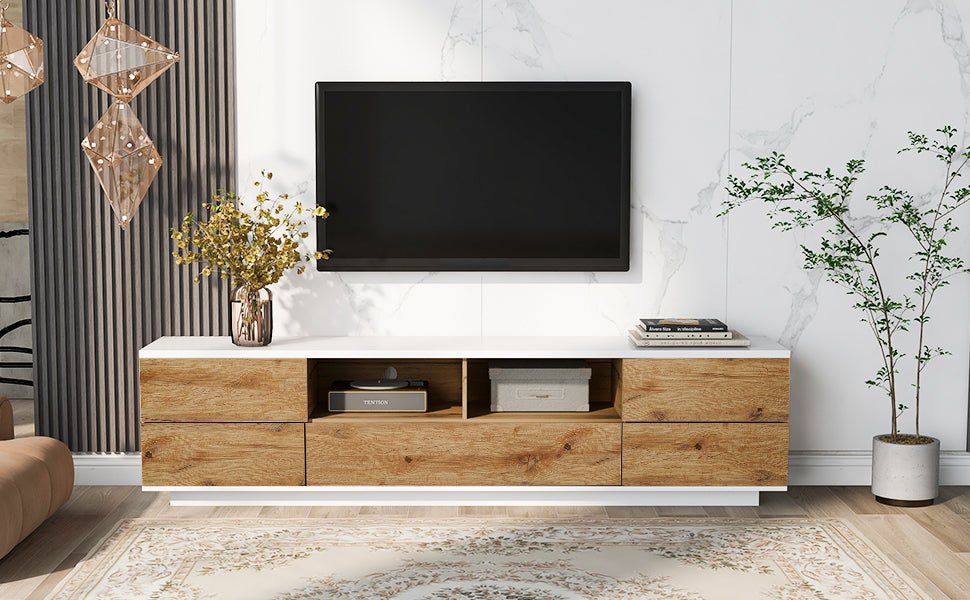 White natural TV stand with metal hardware from Anthony & Home, featuring sleek design and modern storage space.