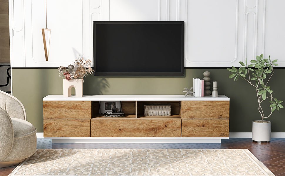 White natural TV stand with metal hardware from Anthony & Home, featuring sleek design and sturdy construction for modern living rooms.