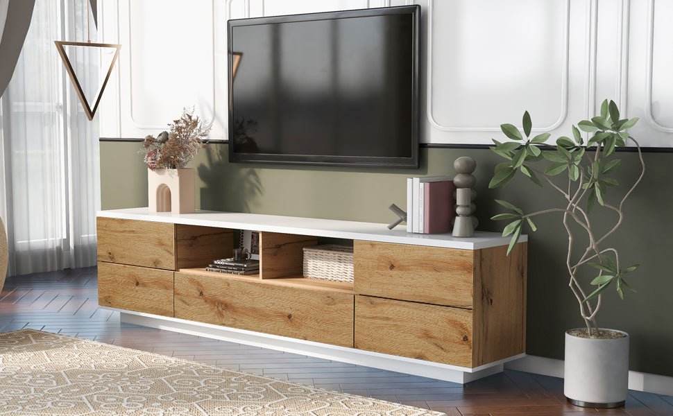 Studio White Natural TV stand with metal hardware by Anthony & Home, featuring sleek design and sturdy construction.